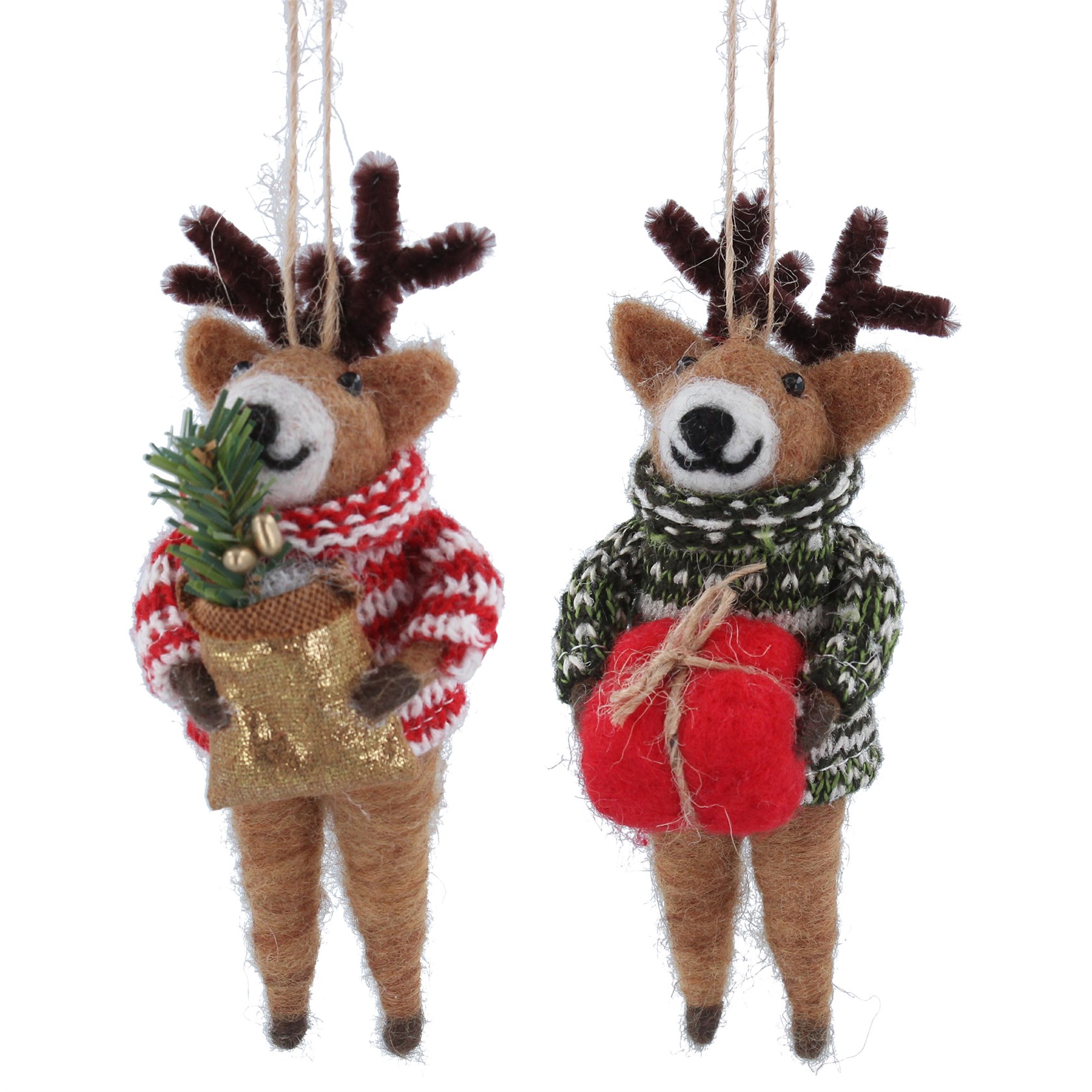 Wool deer in jumper with tree and parcel hanging Christmas decoration. By Gisela Graham. The perfect festive addition to your home.
